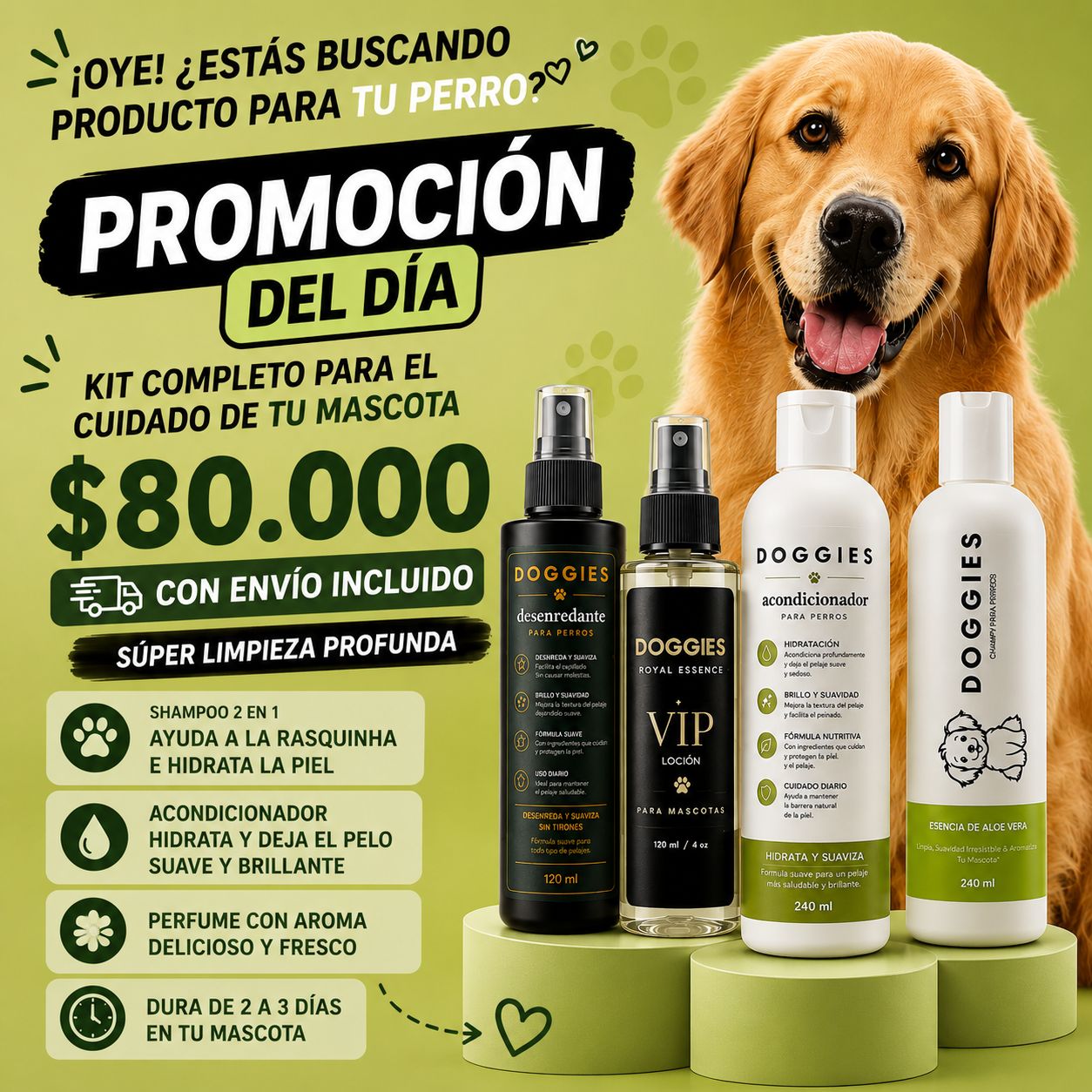 Kit Shampoo, Perfume, Acondicionador Y Desenredante Para Mascotas Doggies